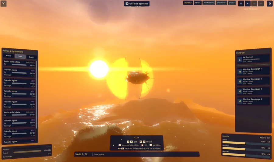 Le vaisseau survole une planète au coucher d'un soleil, panneaux d'équipement et d'équipage